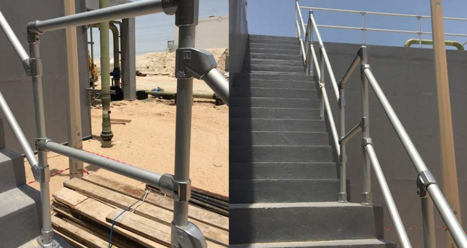 Anodised aluminium guardrail on a sewage plant from Abu Dhabi Sewerage Services Company.